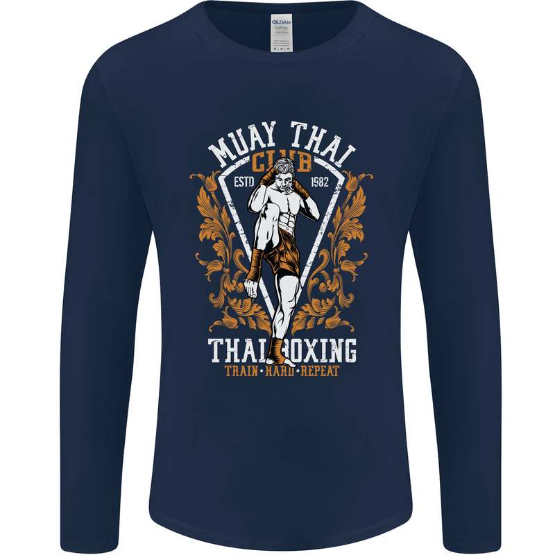 Muay Thai Fighter Warrior MMA Martial Arts Mens Long Sleeve T-Shirt Navy Blue