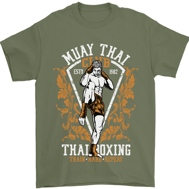 Muay Thai Fighter Warrior MMA Martial Arts Mens T-Shirt Cotton Gildan Military Green