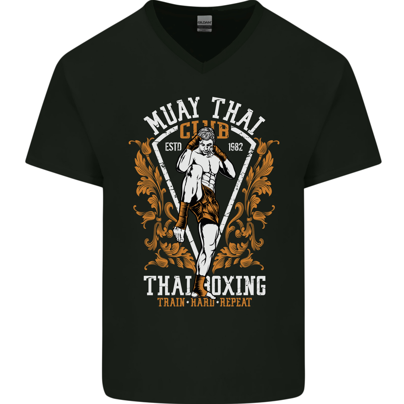 Muay Thai Fighter Warrior MMA Martial Arts Mens V-Neck Cotton T-Shirt Black