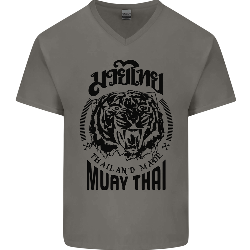 Muay Thai Fighter Warrior MMA Martial Arts Mens V-Neck Cotton T-Shirt Charcoal