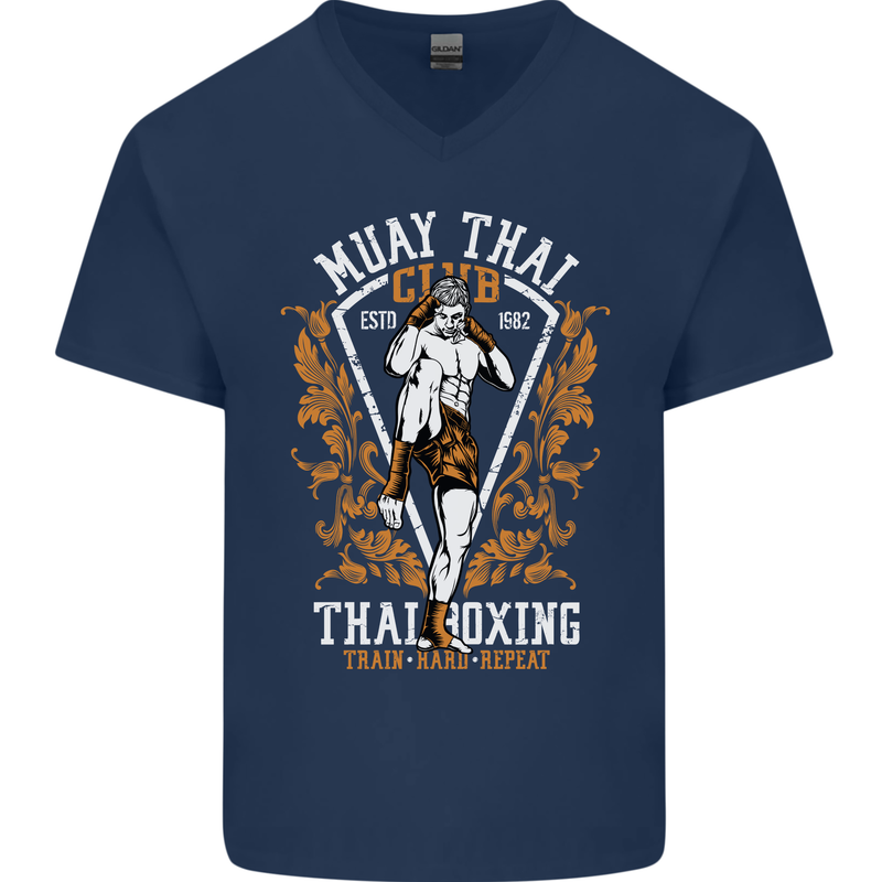 Muay Thai Fighter Warrior MMA Martial Arts Mens V-Neck Cotton T-Shirt Navy Blue