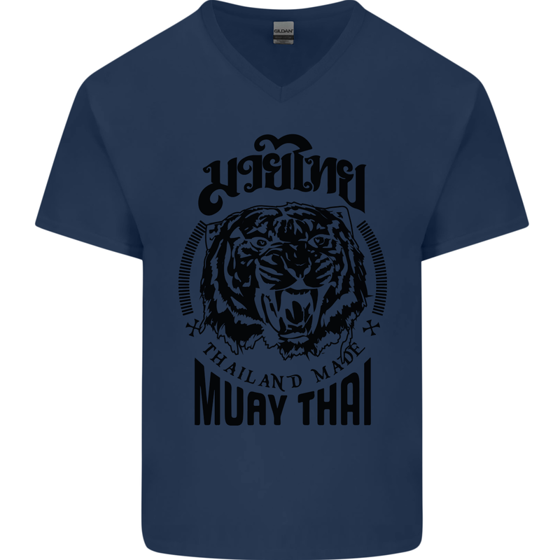 Muay Thai Fighter Warrior MMA Martial Arts Mens V-Neck Cotton T-Shirt Navy Blue