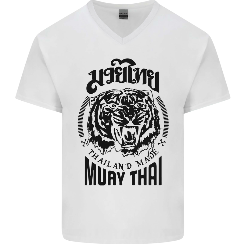 Muay Thai Fighter Warrior MMA Martial Arts Mens V-Neck Cotton T-Shirt White