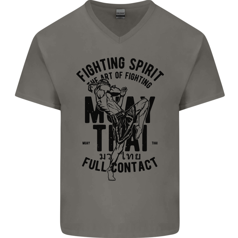 Muay Thai Full Contact Martial Arts MMA Mens V-Neck Cotton T-Shirt Charcoal