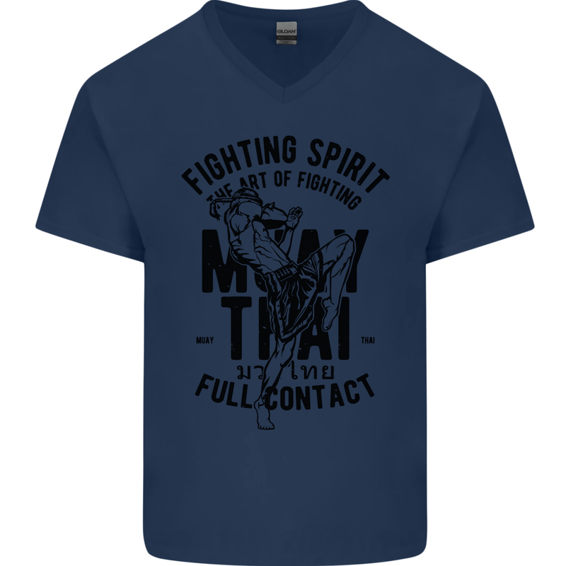 Muay Thai Full Contact Martial Arts MMA Mens V-Neck Cotton T-Shirt Navy Blue