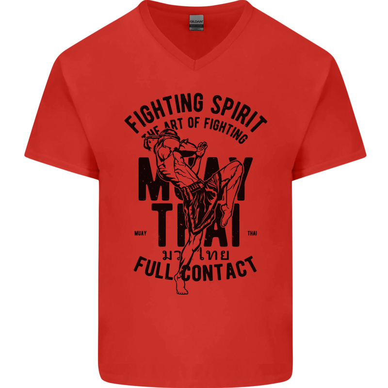 Muay Thai Full Contact Martial Arts MMA Mens V-Neck Cotton T-Shirt Red