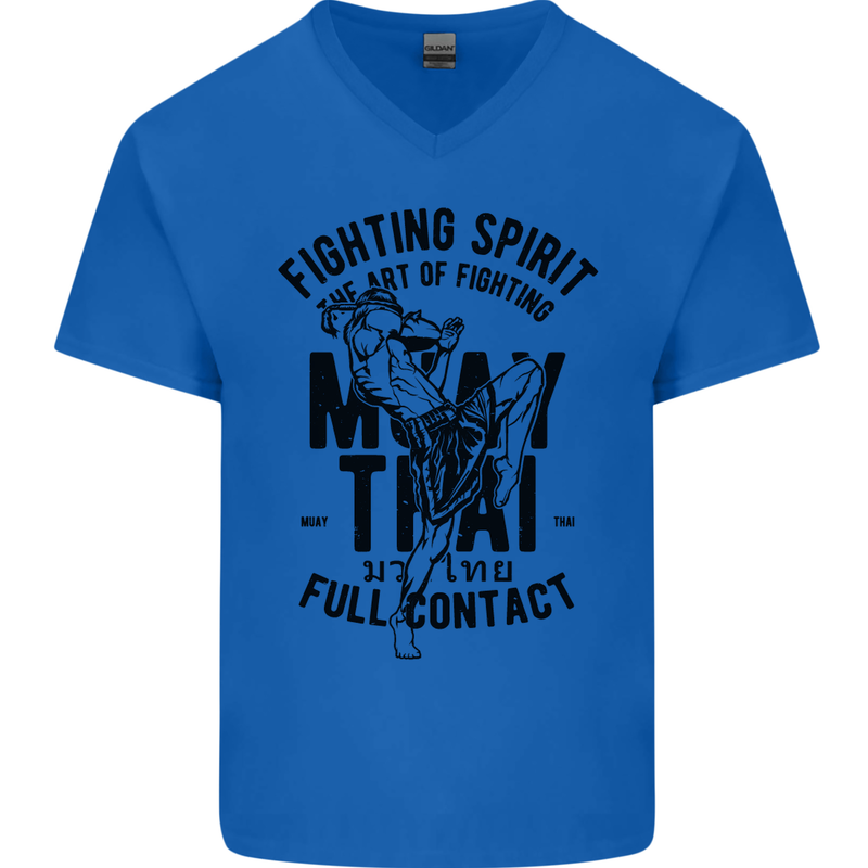 Muay Thai Full Contact Martial Arts MMA Mens V-Neck Cotton T-Shirt Royal Blue