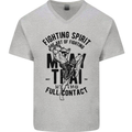 Muay Thai Full Contact Martial Arts MMA Mens V-Neck Cotton T-Shirt Sports Grey