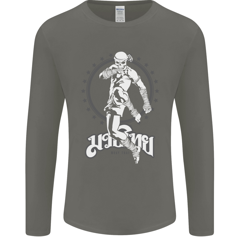 Muay Thai Skeleton MMA Mixed Martial Arts Mens Long Sleeve T-Shirt Charcoal