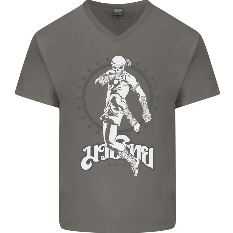 Muay Thai Skeleton MMA Mixed Martial Arts Mens V-Neck Cotton T-Shirt Charcoal
