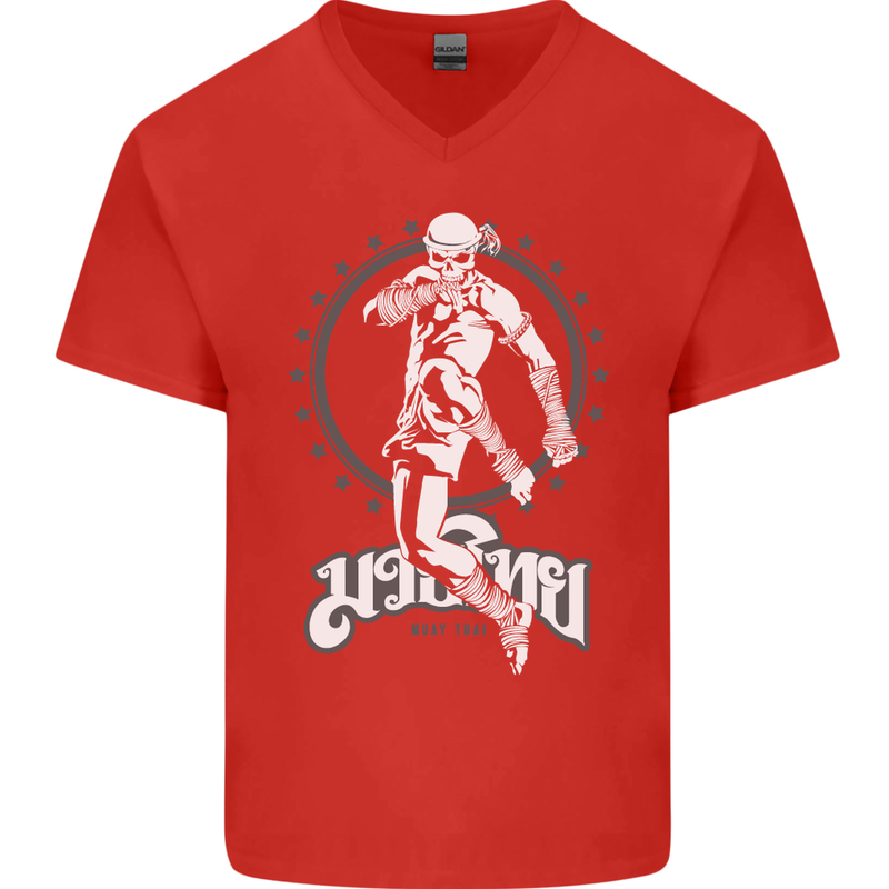 Muay Thai Skeleton MMA Mixed Martial Arts Mens V-Neck Cotton T-Shirt Red