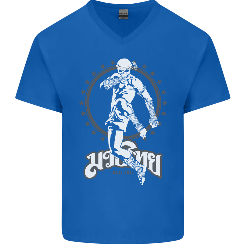 Muay Thai Skeleton MMA Mixed Martial Arts Mens V-Neck Cotton T-Shirt Royal Blue
