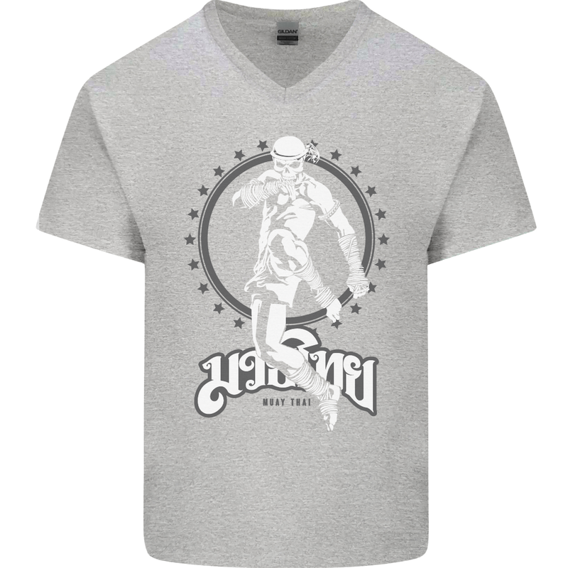 Muay Thai Skeleton MMA Mixed Martial Arts Mens V-Neck Cotton T-Shirt Sports Grey