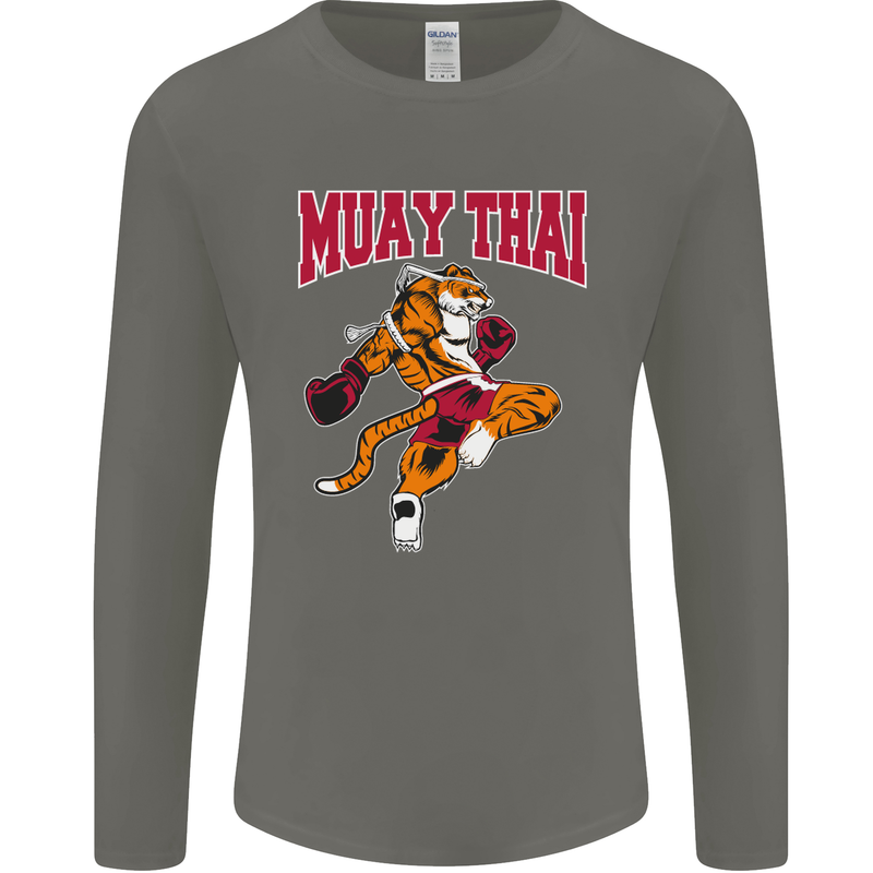 Muay Thai Tiger MMA Mixed Martial Arts Mens Long Sleeve T-Shirt Charcoal