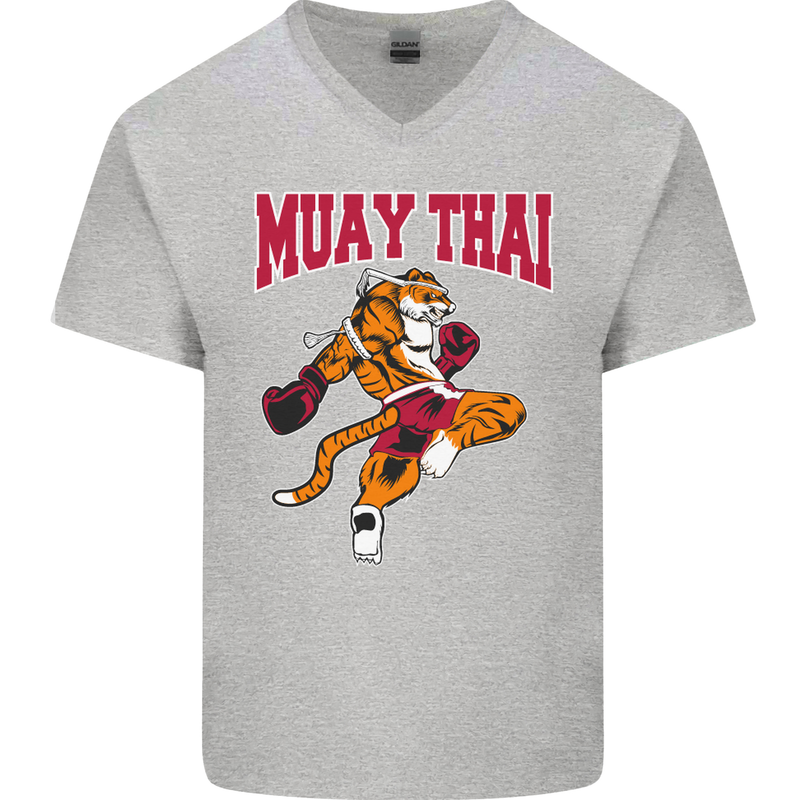 Muay Thai Tiger MMA Mixed Martial Arts Mens V-Neck Cotton T-Shirt Sports Grey