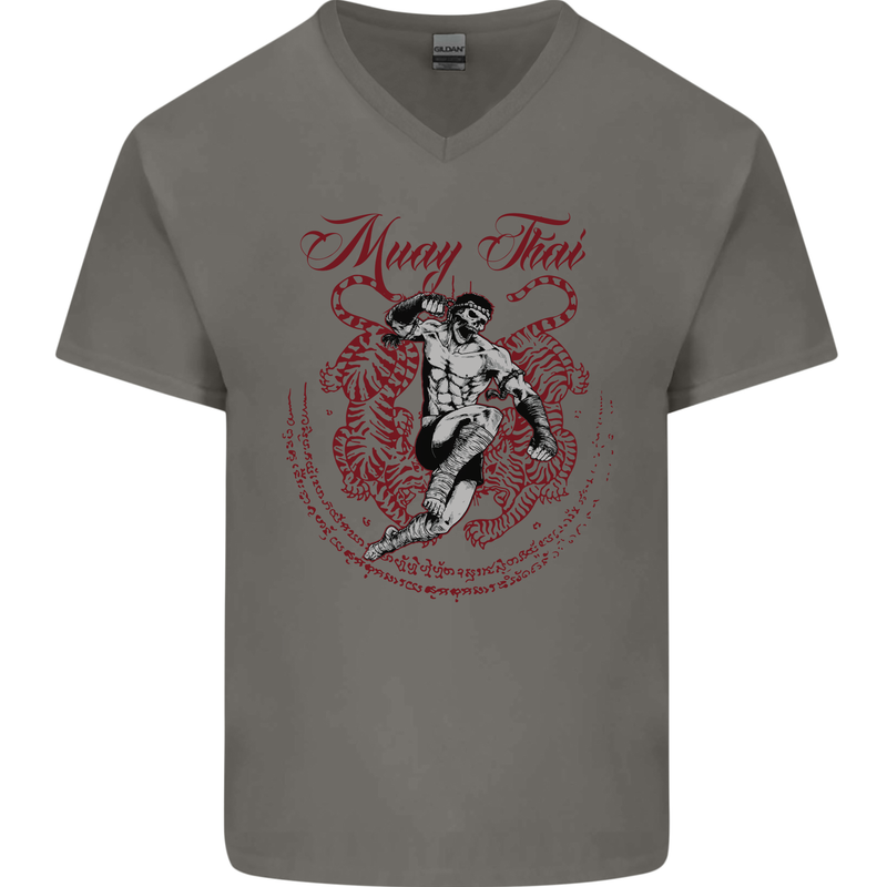 Muay Thai Tiger Warrior MMA Martial Arts Mens V-Neck Cotton T-Shirt Charcoal