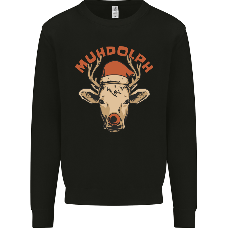 Muhdolf Funny Rudolf Christmas Cow Kids Sweatshirt Jumper Black