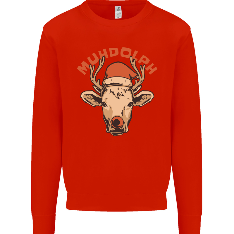 Muhdolf Funny Rudolf Christmas Cow Kids Sweatshirt Jumper Bright Red