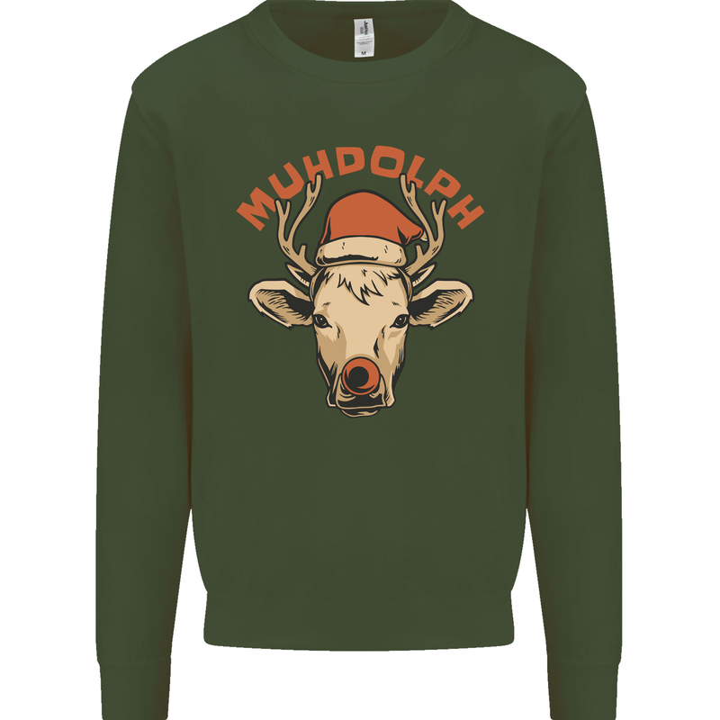 Muhdolf Funny Rudolf Christmas Cow Kids Sweatshirt Jumper Forest Green