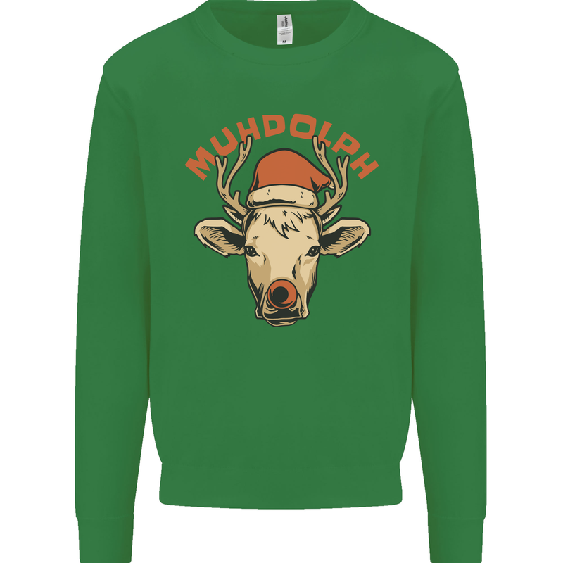 Muhdolf Funny Rudolf Christmas Cow Kids Sweatshirt Jumper Irish Green