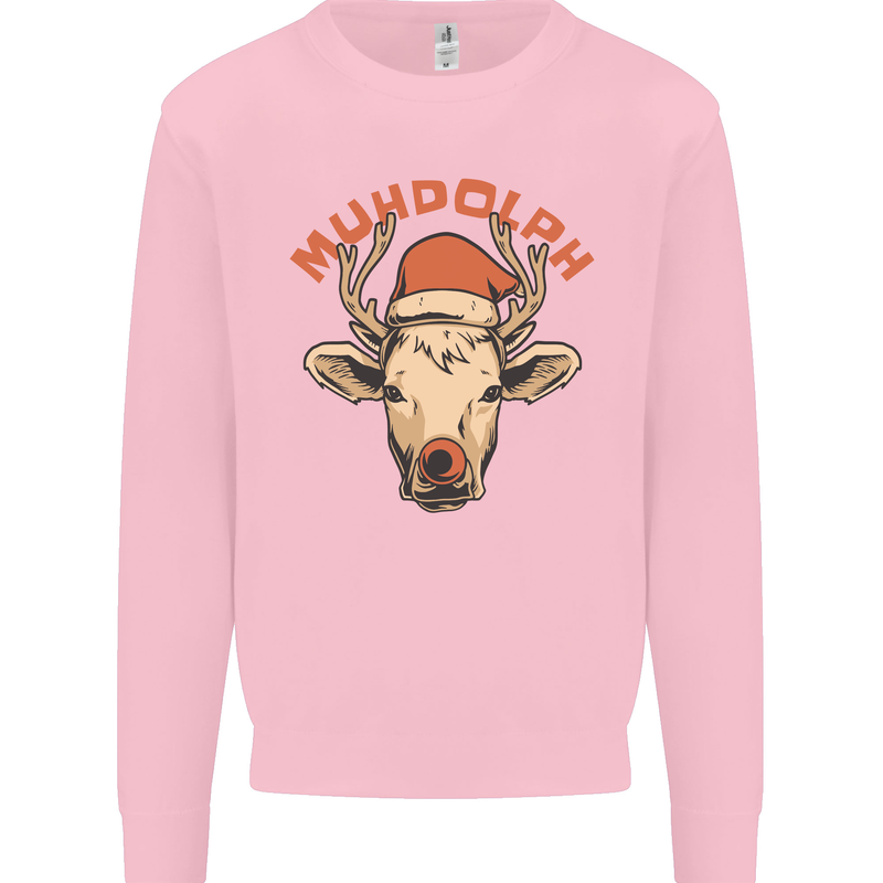 Muhdolf Funny Rudolf Christmas Cow Kids Sweatshirt Jumper Light Pink