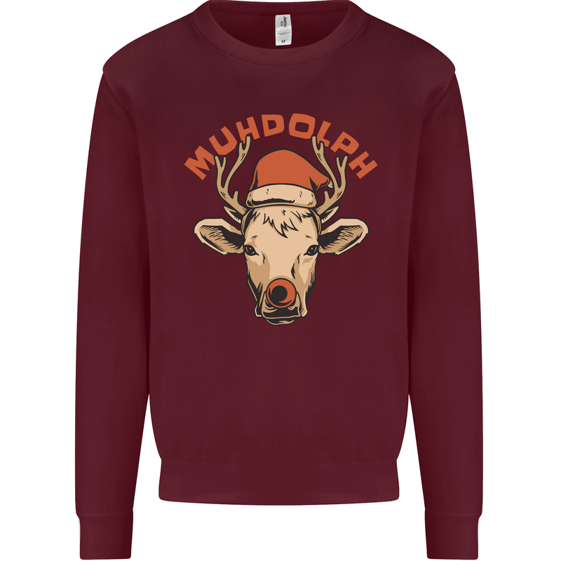 Muhdolf Funny Rudolf Christmas Cow Kids Sweatshirt Jumper Maroon