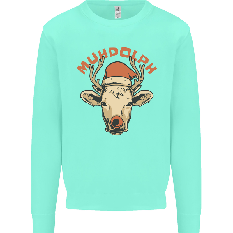 Muhdolf Funny Rudolf Christmas Cow Kids Sweatshirt Jumper Peppermint