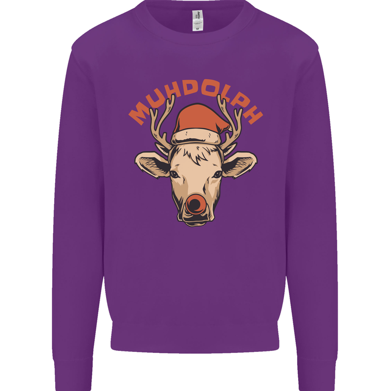 Muhdolf Funny Rudolf Christmas Cow Kids Sweatshirt Jumper Purple