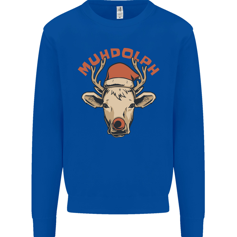 Muhdolf Funny Rudolf Christmas Cow Kids Sweatshirt Jumper Royal Blue