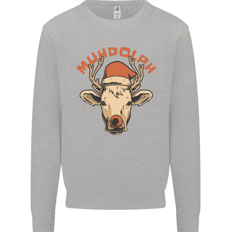 Muhdolf Funny Rudolf Christmas Cow Kids Sweatshirt Jumper Sports Grey