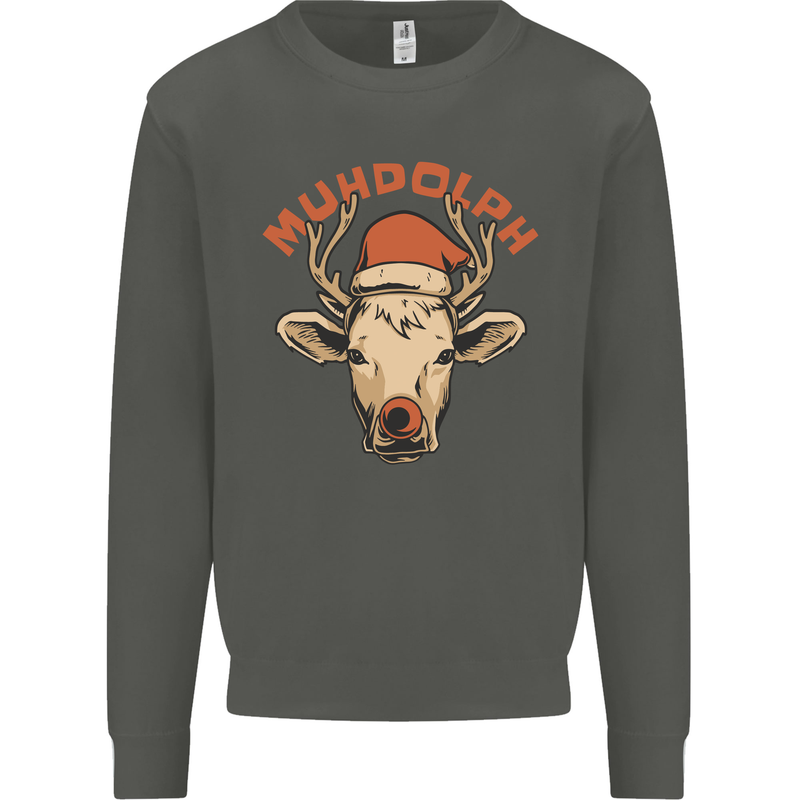 Muhdolf Funny Rudolf Christmas Cow Kids Sweatshirt Jumper Storm Grey
