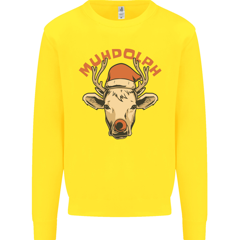 Muhdolf Funny Rudolf Christmas Cow Kids Sweatshirt Jumper Yellow