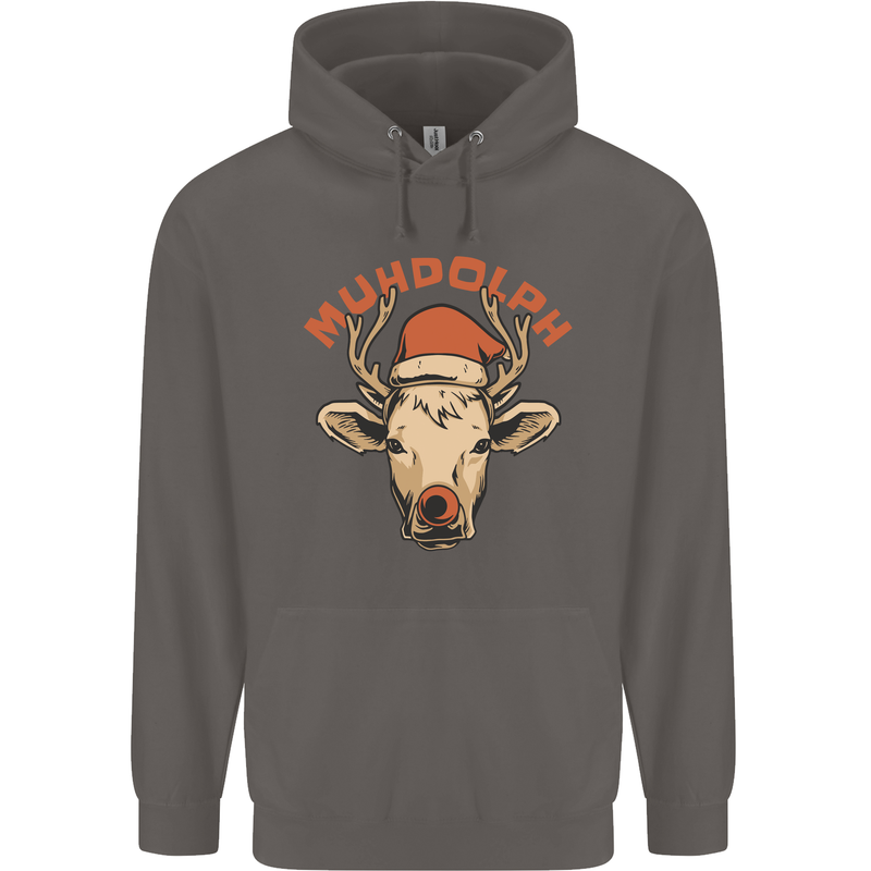 Muhdolf Funny Rudolf Christmas Cow Mens 80% Cotton Hoodie Charcoal