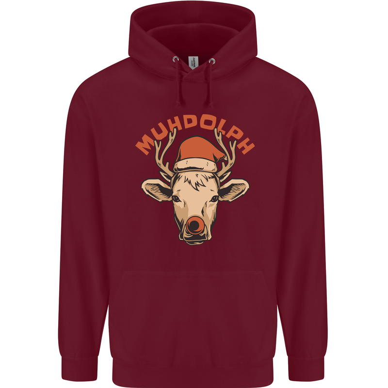 Muhdolf Funny Rudolf Christmas Cow Mens 80% Cotton Hoodie Maroon