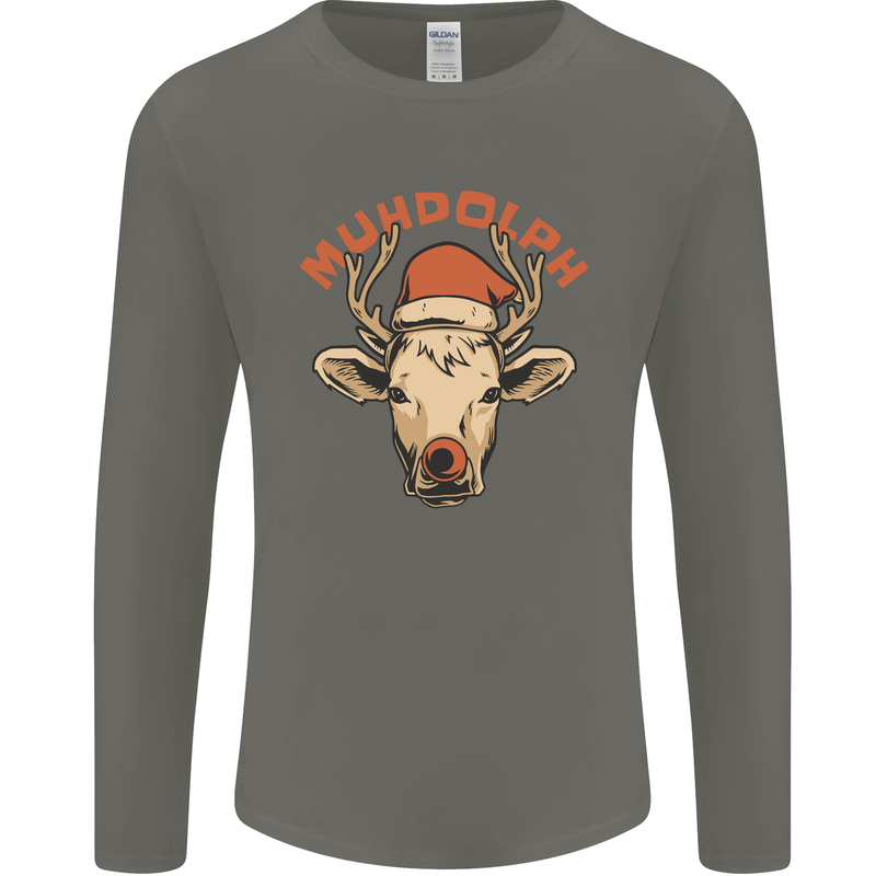 Muhdolf Funny Rudolf Christmas Cow Mens Long Sleeve T-Shirt Charcoal