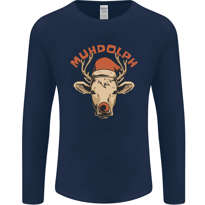 Muhdolf Funny Rudolf Christmas Cow Mens Long Sleeve T-Shirt Navy Blue