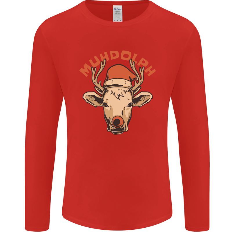 Muhdolf Funny Rudolf Christmas Cow Mens Long Sleeve T-Shirt Red