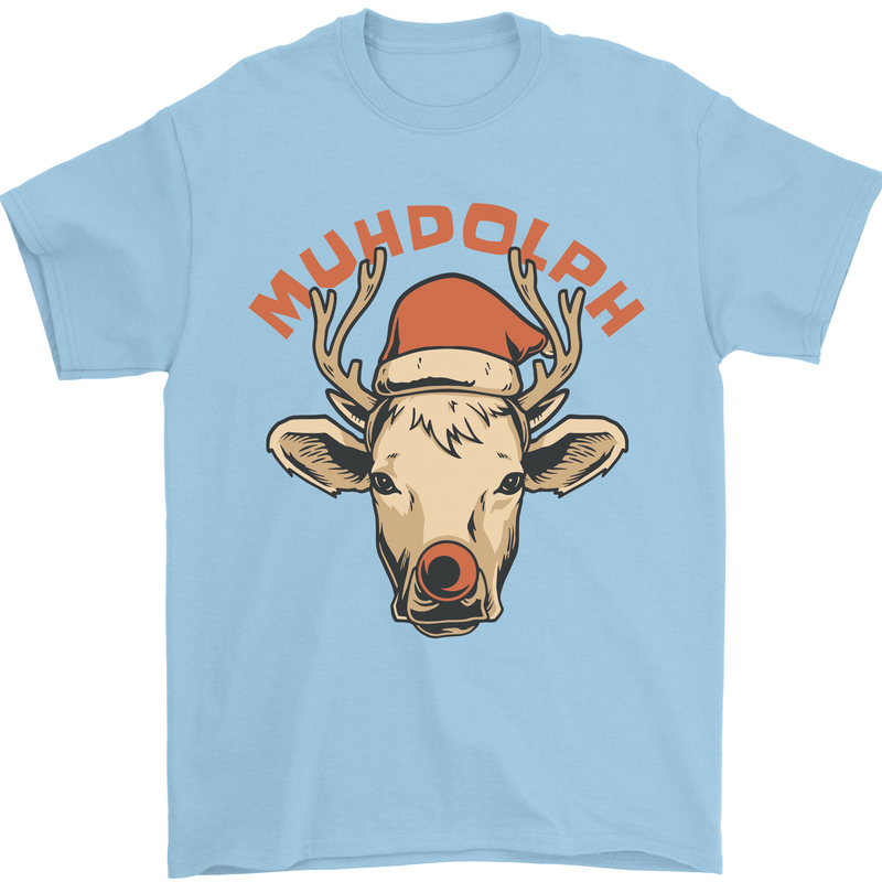 Muhdolf Funny Rudolf Christmas Cow Mens T-Shirt 100% Cotton Light Blue