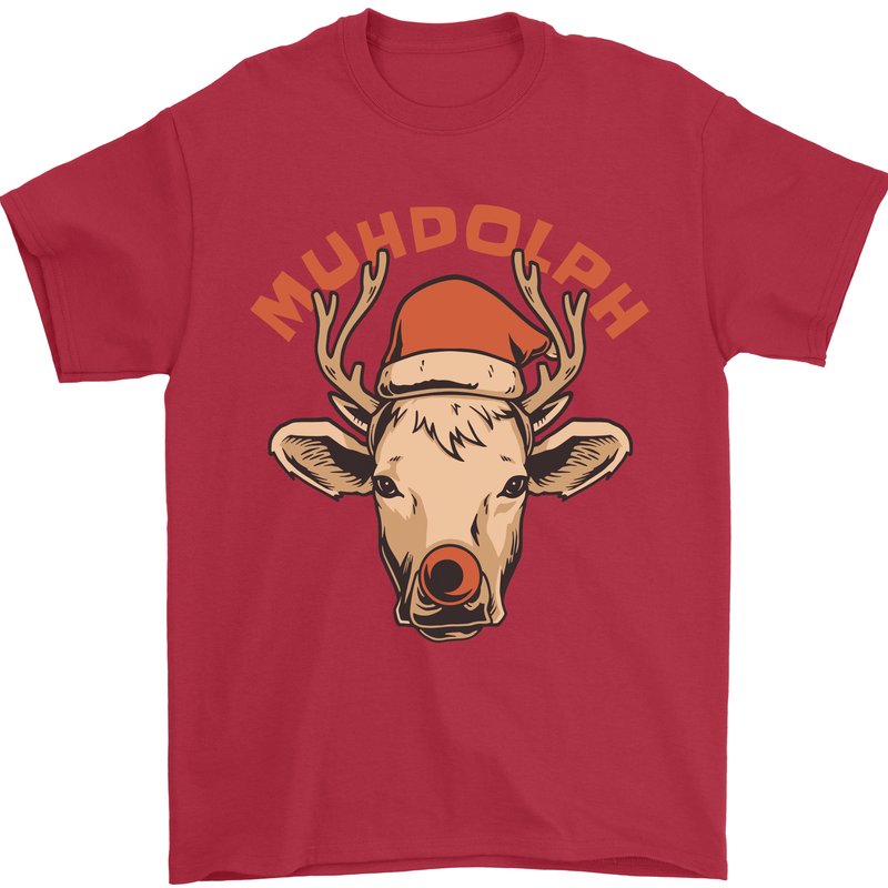 Muhdolf Funny Rudolf Christmas Cow Mens T-Shirt 100% Cotton Red