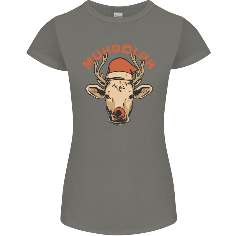 Muhdolf Funny Rudolf Christmas Cow Womens Petite Cut T-Shirt Charcoal