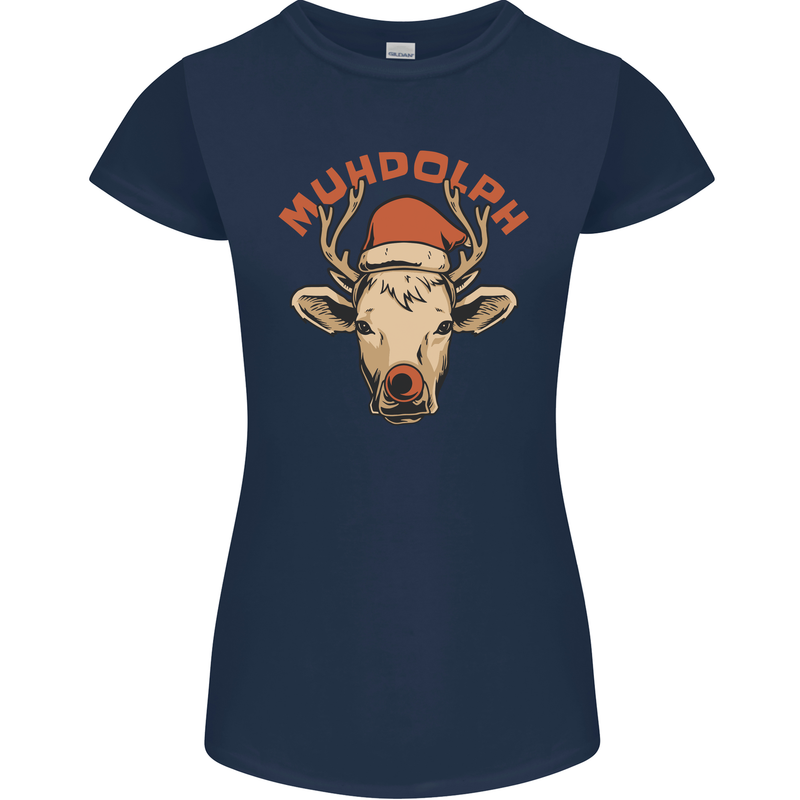Muhdolf Funny Rudolf Christmas Cow Womens Petite Cut T-Shirt Navy Blue