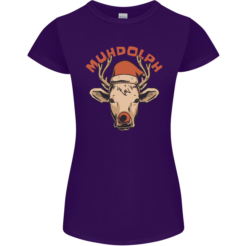 Muhdolf Funny Rudolf Christmas Cow Womens Petite Cut T-Shirt Purple