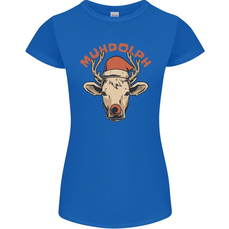 Muhdolf Funny Rudolf Christmas Cow Womens Petite Cut T-Shirt Royal Blue
