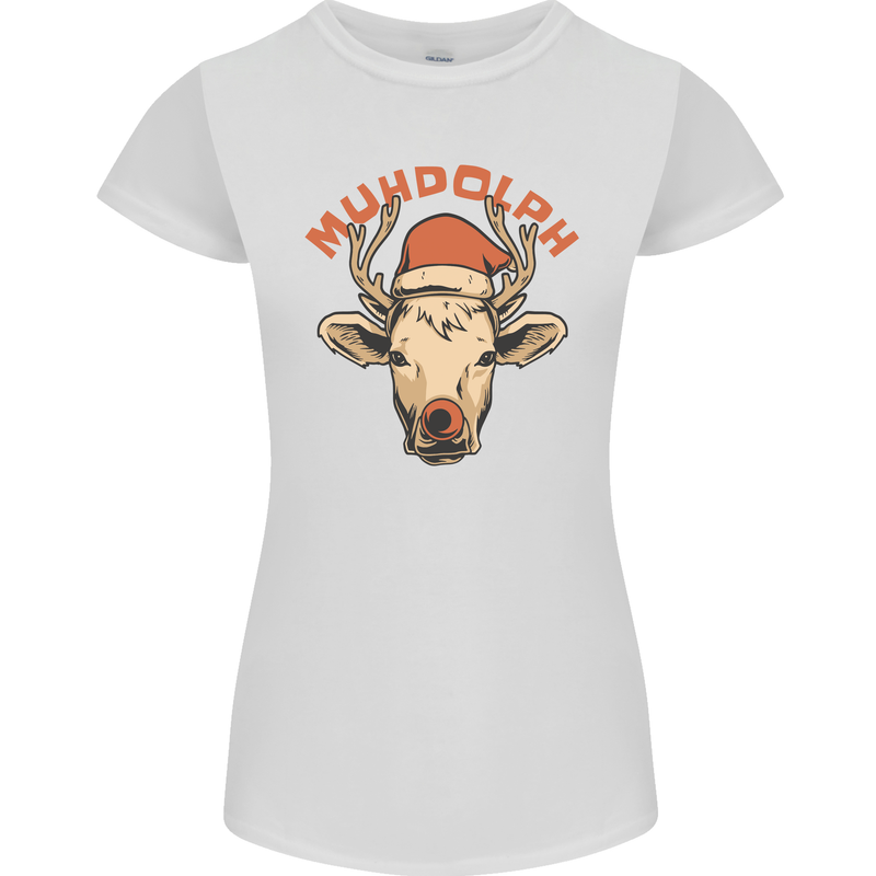 Muhdolf Funny Rudolf Christmas Cow Womens Petite Cut T-Shirt White