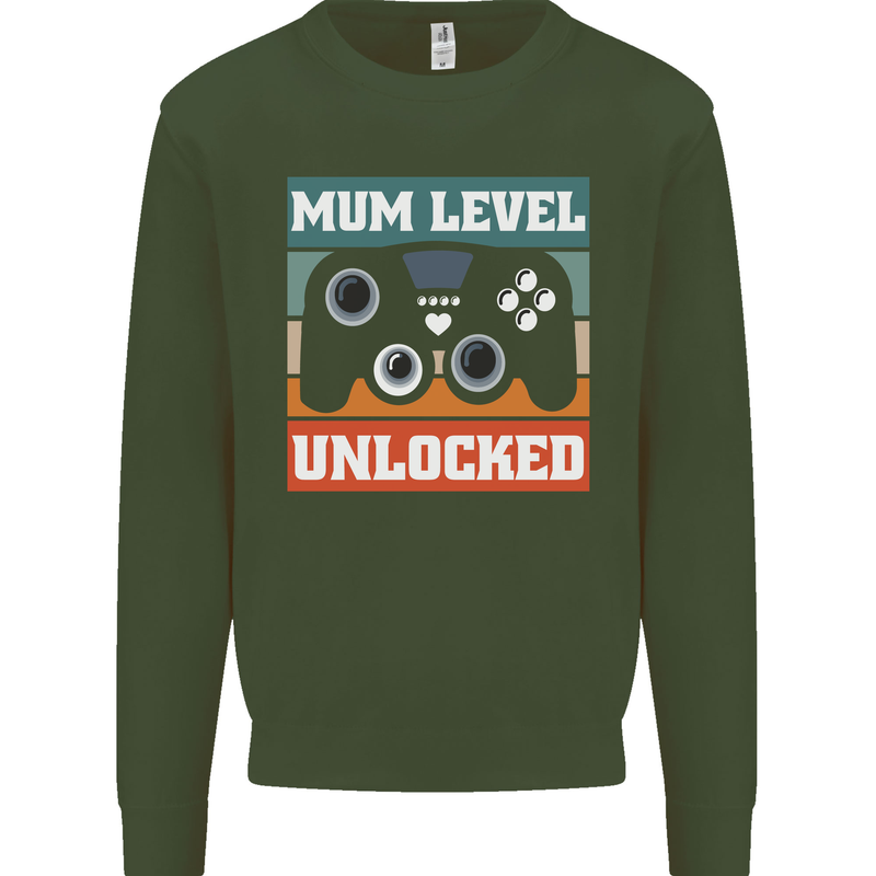 Mum Level Unlocked New Mommy Baby Born Kids Sweatshirt Jumper Forest Green