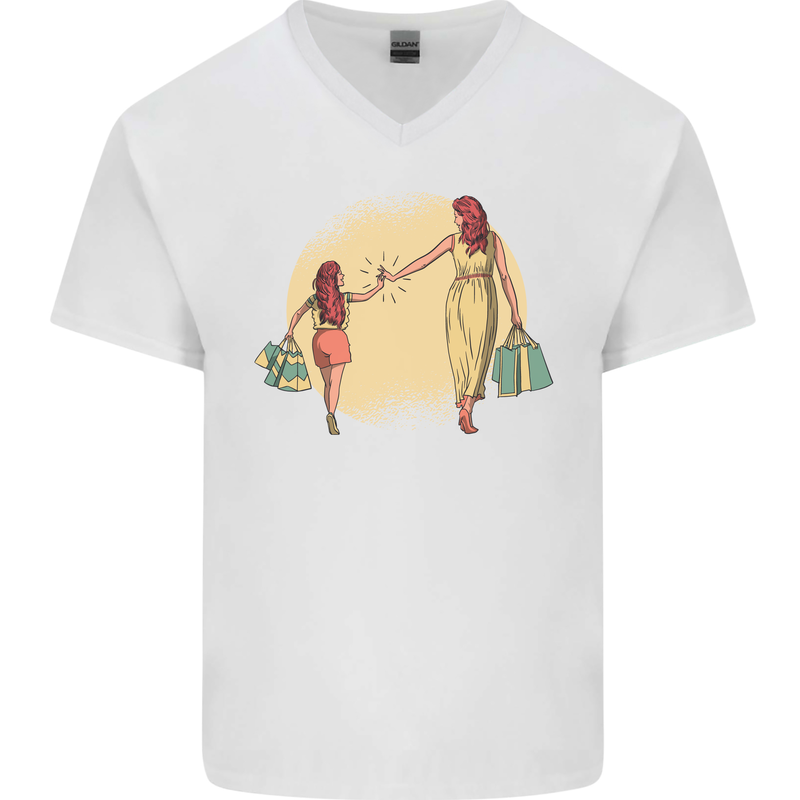 Mum and Daughter Shopping Mens V-Neck Cotton T-Shirt White