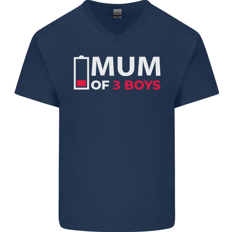 Mum of 3 Boys Funny Mother's Day Mens V-Neck Cotton T-Shirt Navy Blue