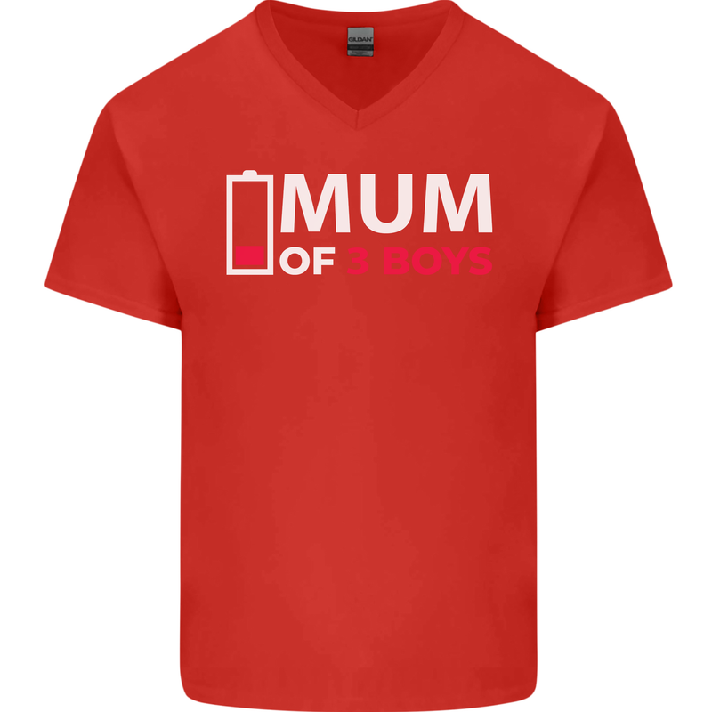 Mum of 3 Boys Funny Mother's Day Mens V-Neck Cotton T-Shirt Red