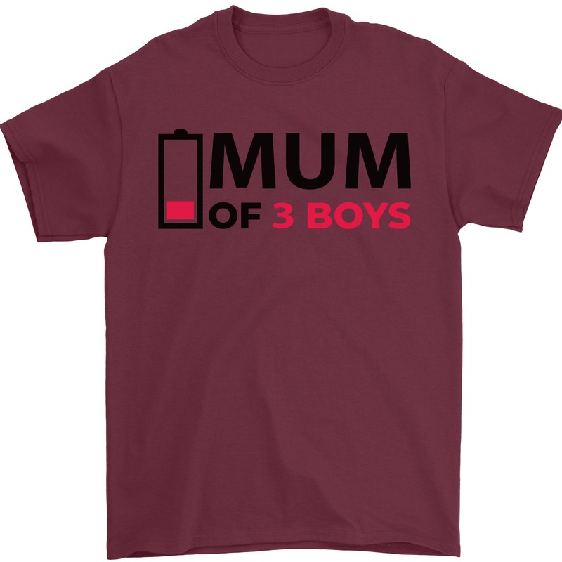 Mum of Three Boys Funny Mother's Day Mens T-Shirt Cotton Gildan Maroon