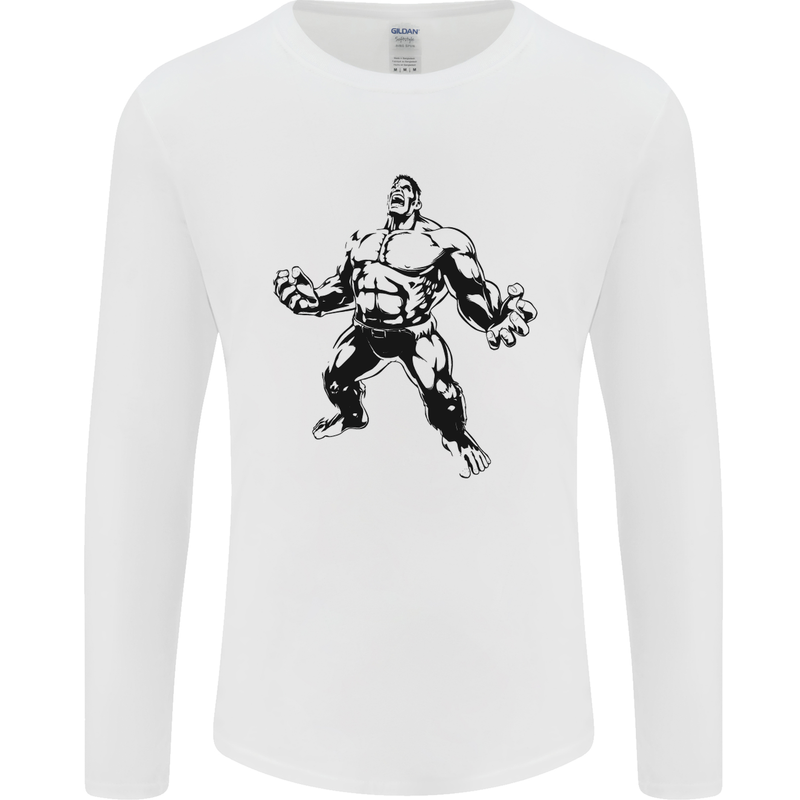 Muscle Man Gym Training Top Bodybuilding Mens Long Sleeve T-Shirt White